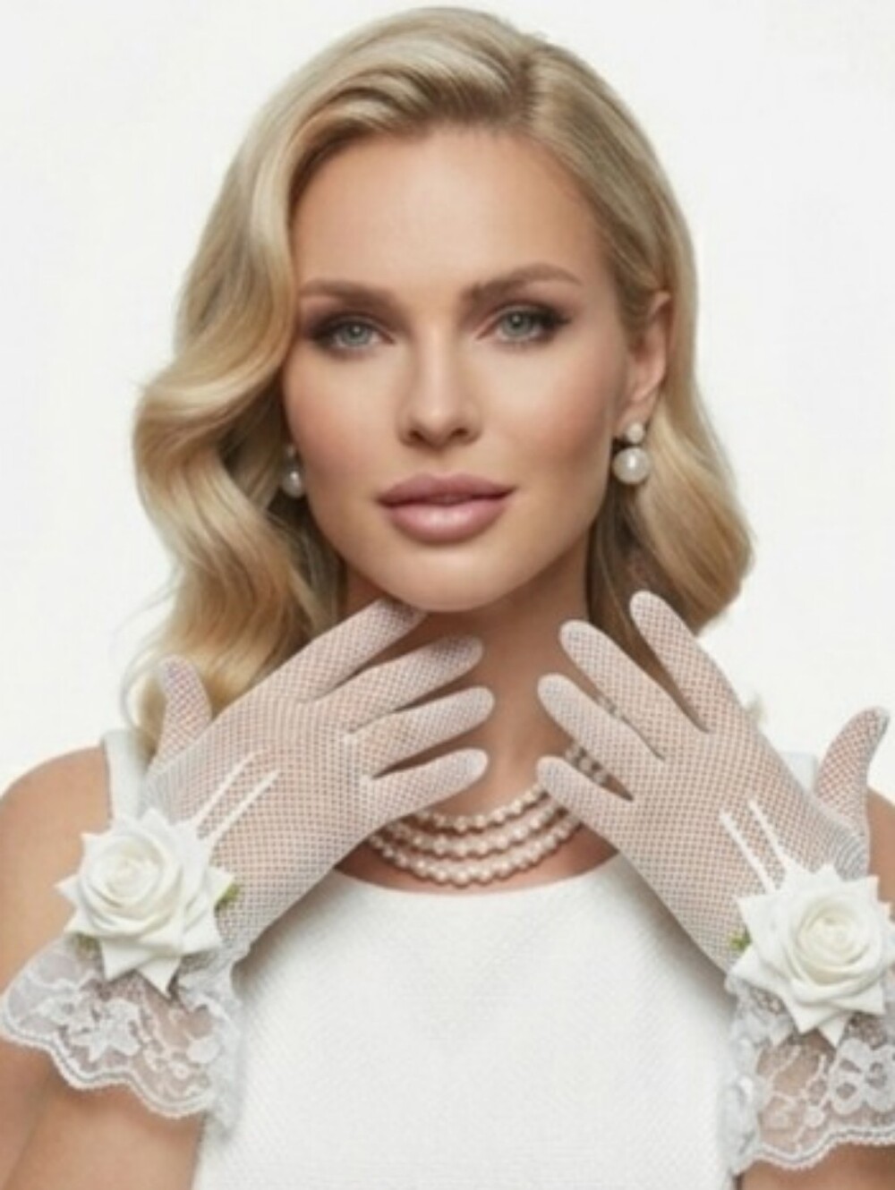 Elegant White Lace Fishnet Gloves Rose Accent Bridal Church Tea Brunch